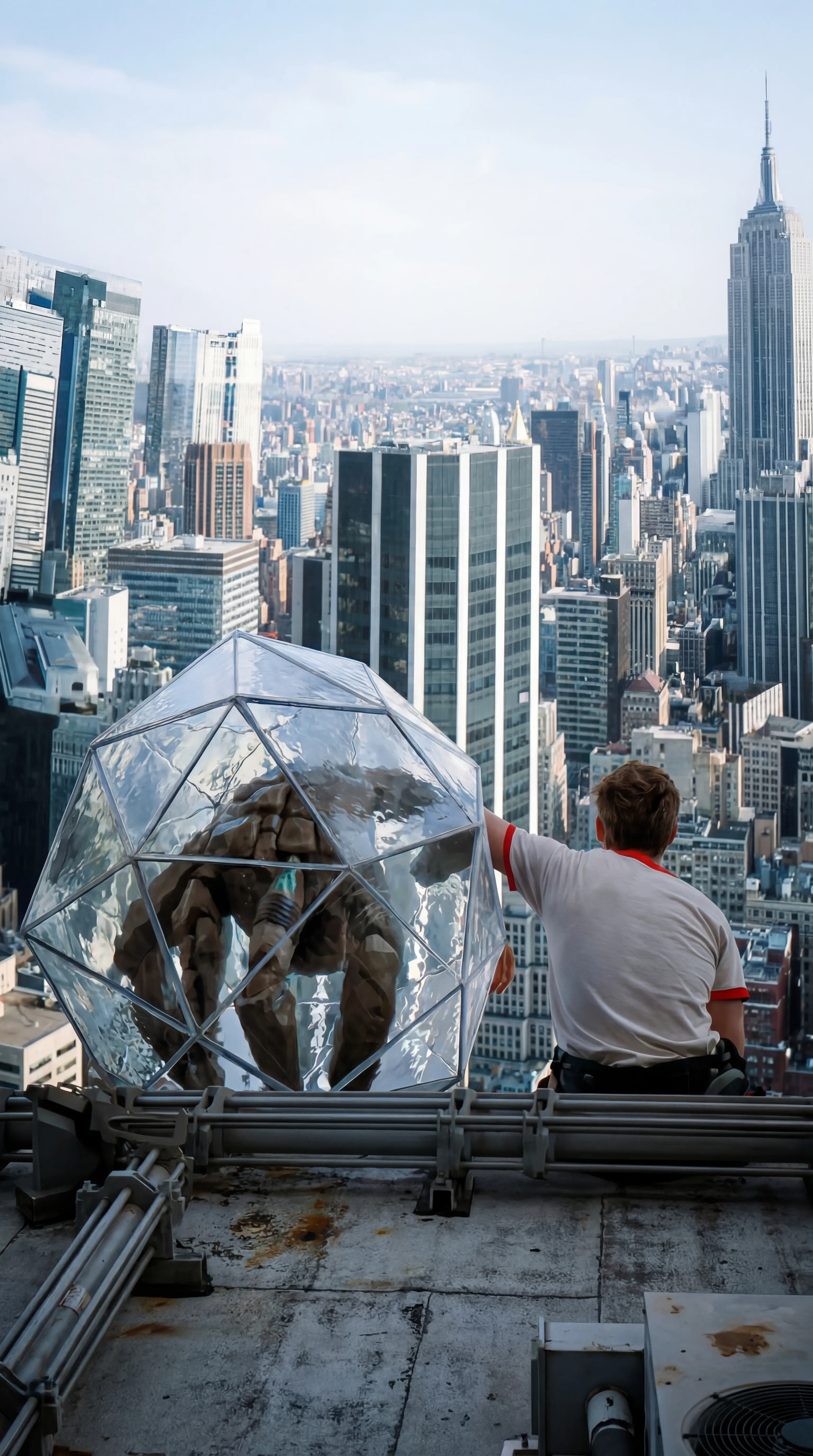 a person on a Manhattan rooftop beside a geodesic sphere sculpture, looking out at the skyline with the Empire State Building in the distance