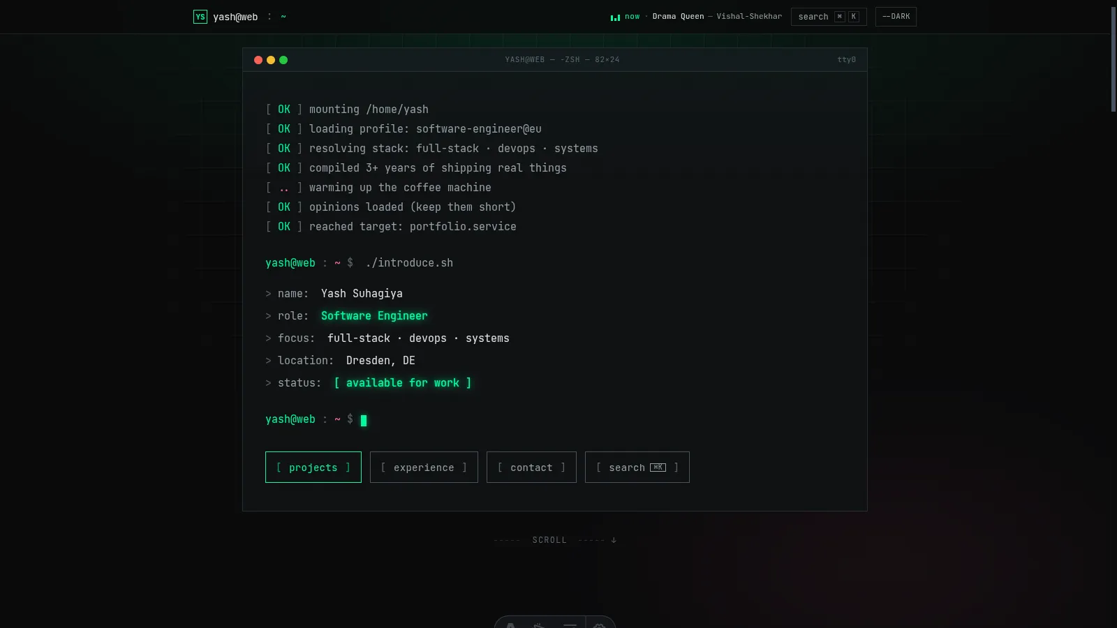 terminal portfolio hero with boot sequence and repl